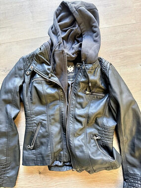 Lock & Love Black Faux Leather Hooded Moto Jacket Size Medium